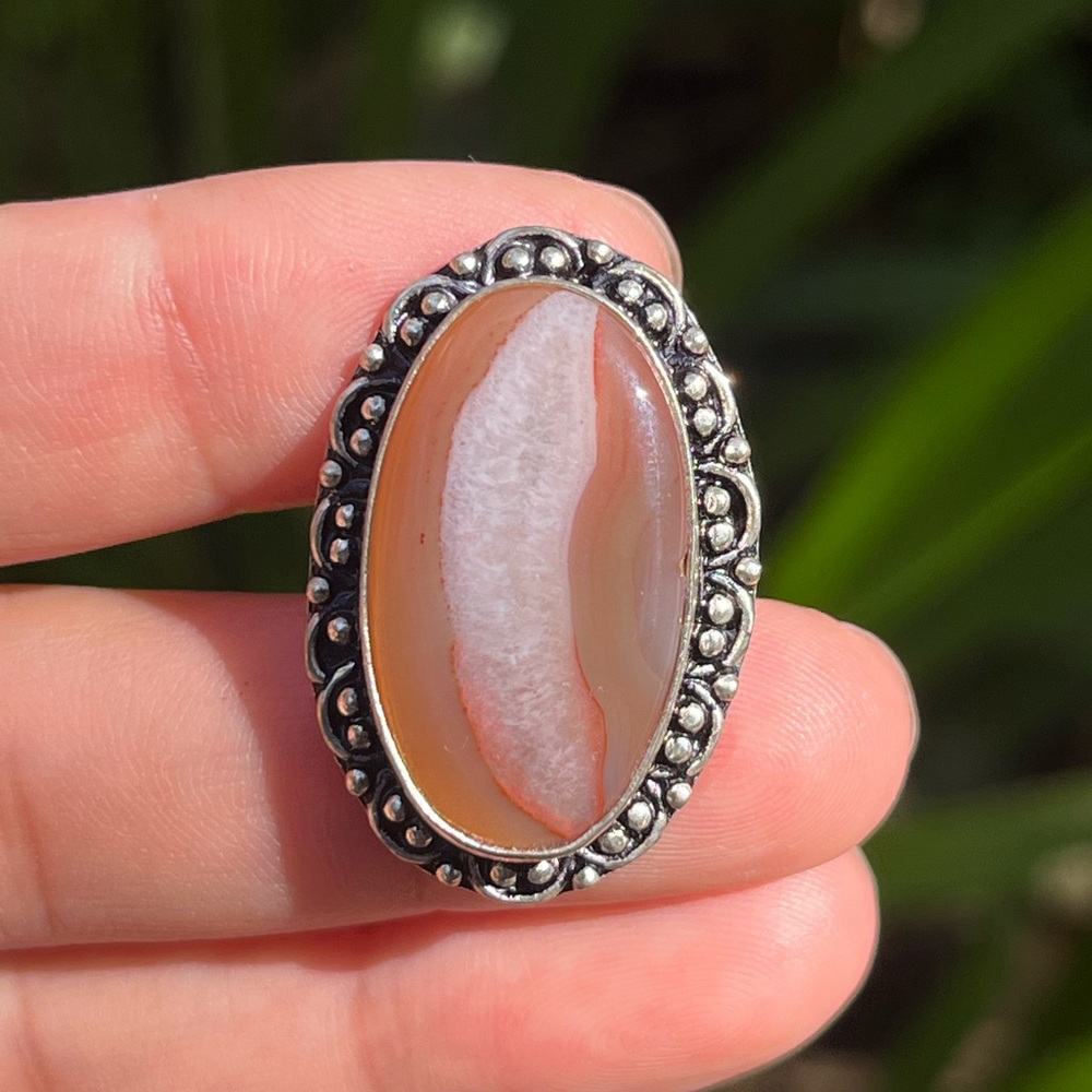 Size 8 925 silver plated‎ druzy orange agate ring